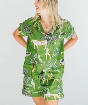 Jungle Print Cotton Pajama Set L Green Safari Lounge Resort PJ Shorts Set